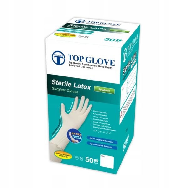 Chirurgiczne rękawice lateksowe, pudrowane, sterylne Top Glove Zarys/rozmiary: 6,5 - 8