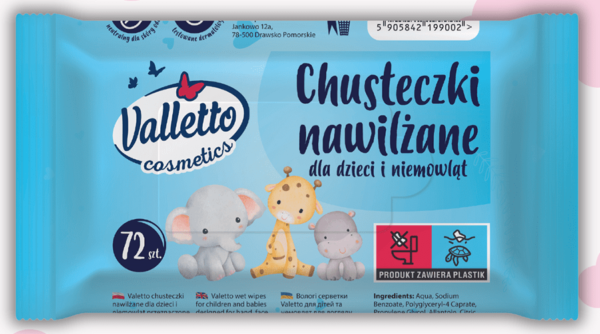 Chusteczki nawilżane dla dzieci i niemowląt z rumiankiem i alantoliną Valletto Cosmetics /72szt.