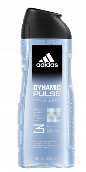 ADIDAS Dynamic Pulse 3w1 - żel pod prysznic do ciała, twarzy i włosów z olejkiem z rozmarynu i cytryny. Nawilża i odświeża skórę.